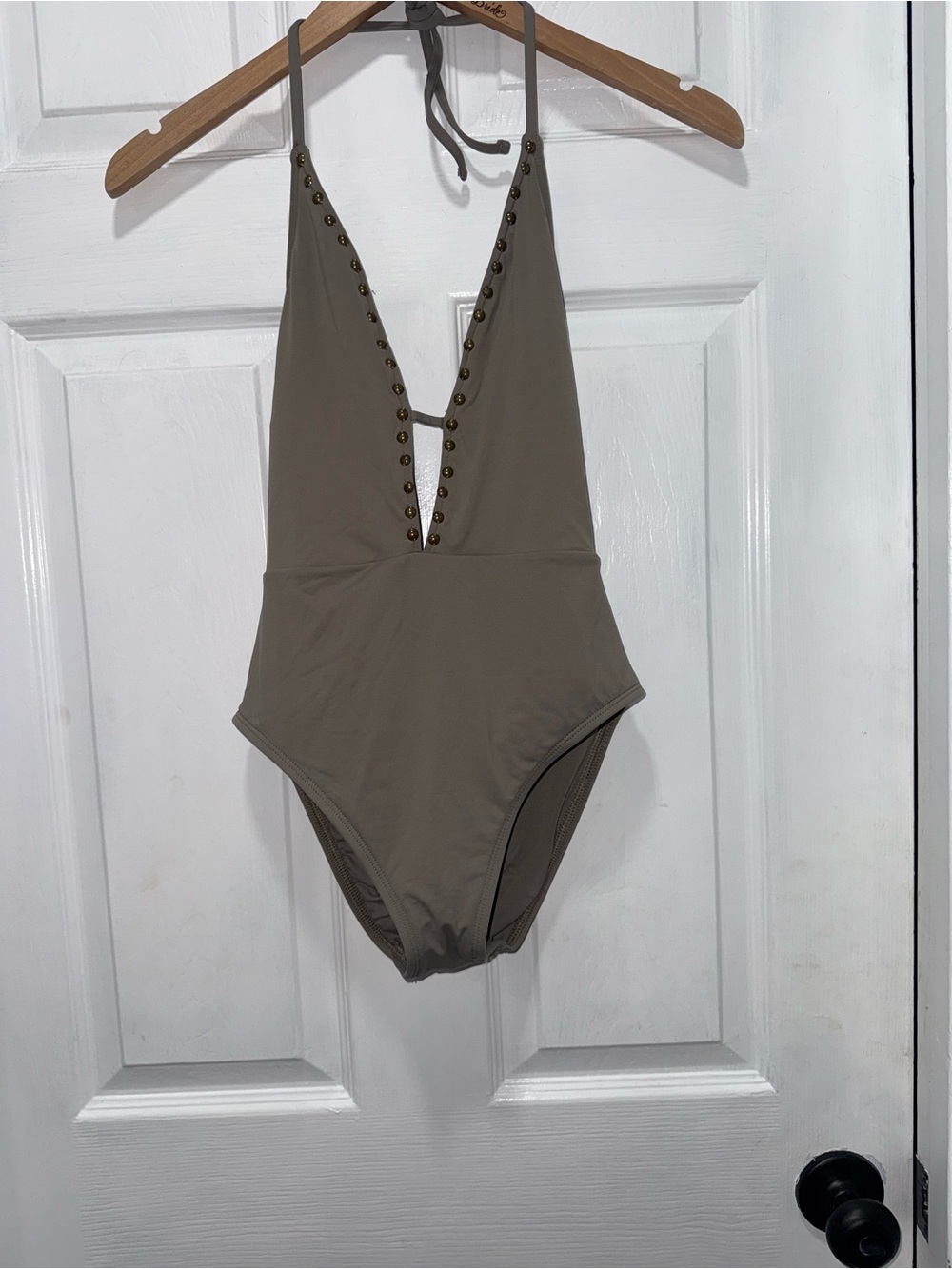 Source Unknown Taupe Halter One-Piece Swimsuit with Stud Trim
